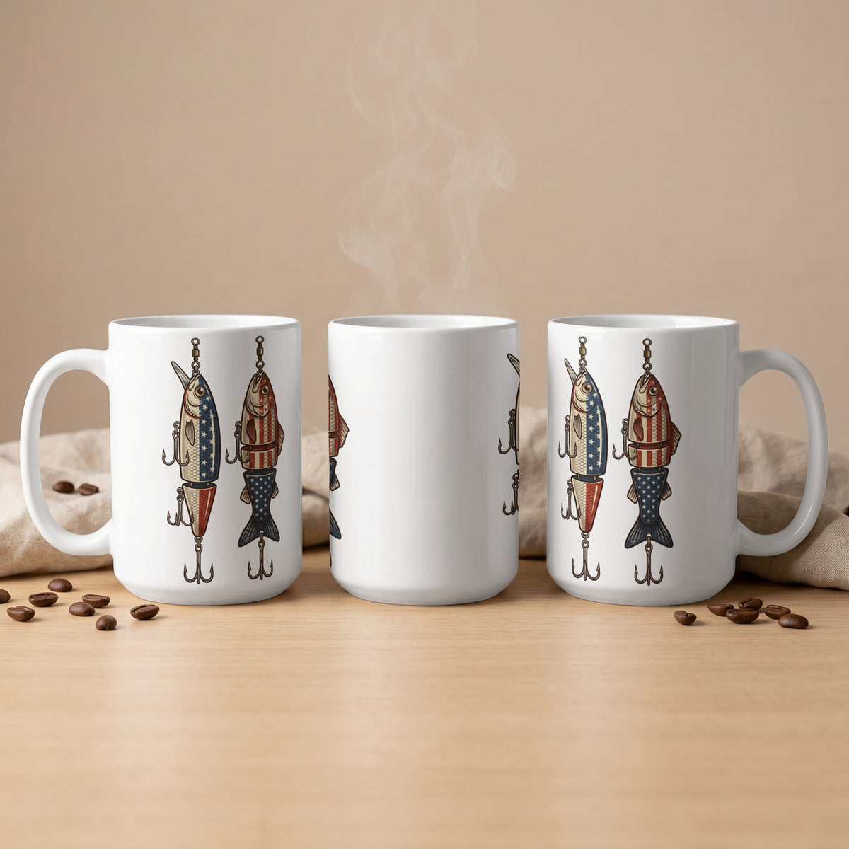 White mugs with patriotic fishing lure designs and steaming coffee.