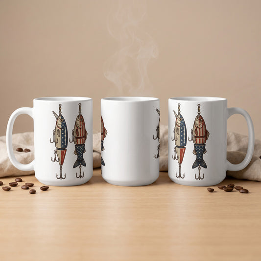 White mugs with patriotic fishing lure designs and steaming coffee.