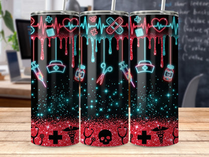 Three tumblers with dripping medical neon icons on a black glitter background.