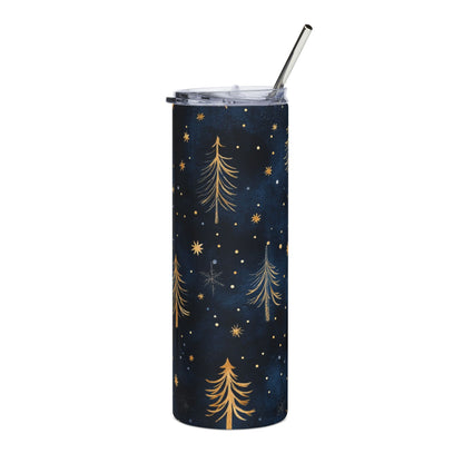 Dark blue tumbler with gold pine trees and stars, featuring a silver straw.
