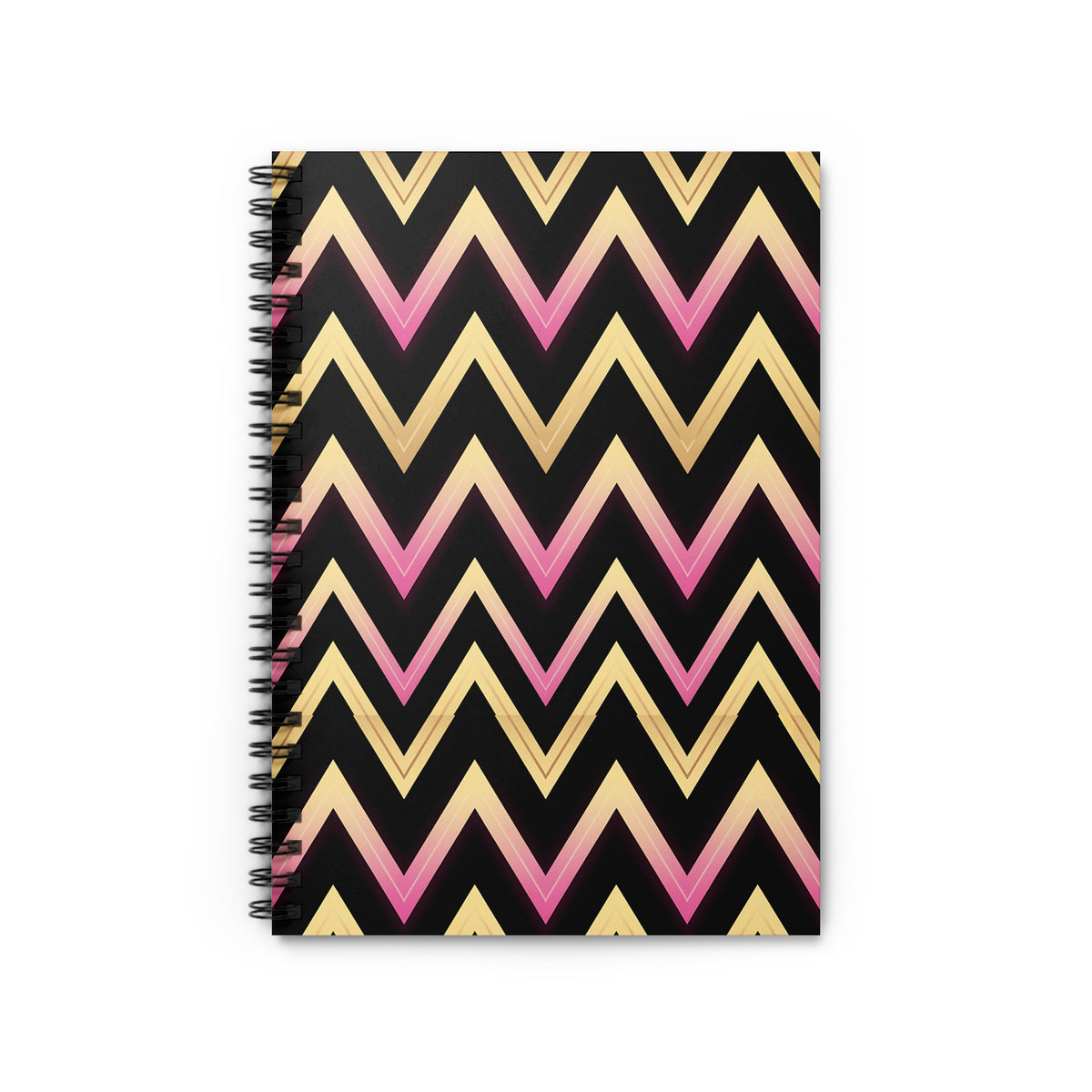 Spiral-bound notebook with black cover featuring a gold and pink chevron pattern.