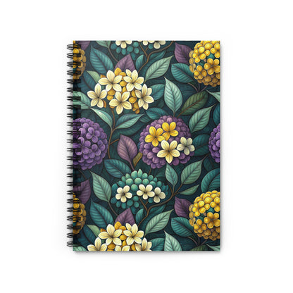Spiral notebook with a dark floral pattern of yellow, purple, and teal flowers.