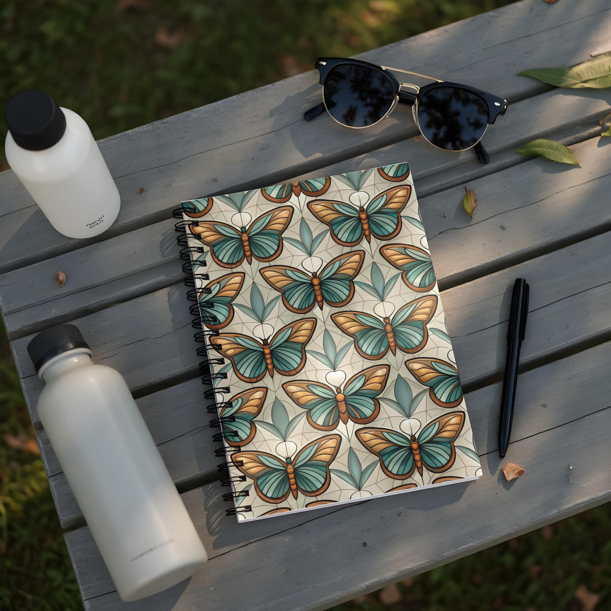 Notebook with a repeating pattern of teal and orange butterflies on a light background.