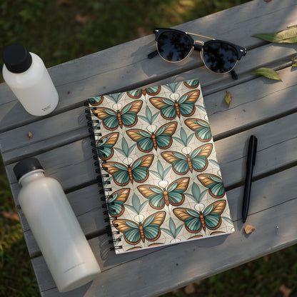 Notebook with a repeating pattern of teal and orange butterflies on a light background.