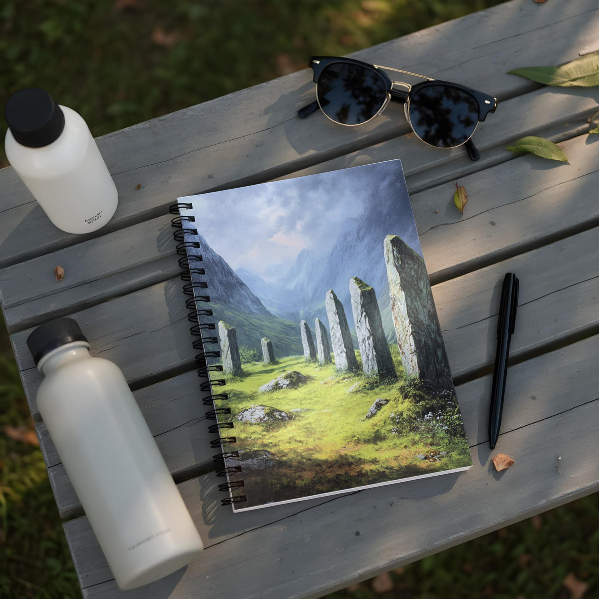 Spiral-bound notebook with a landscape painting of standing stones in a grassy valley.