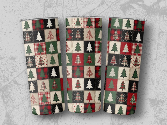Three tumblers with a patchwork pattern of Christmas trees and plaid designs.