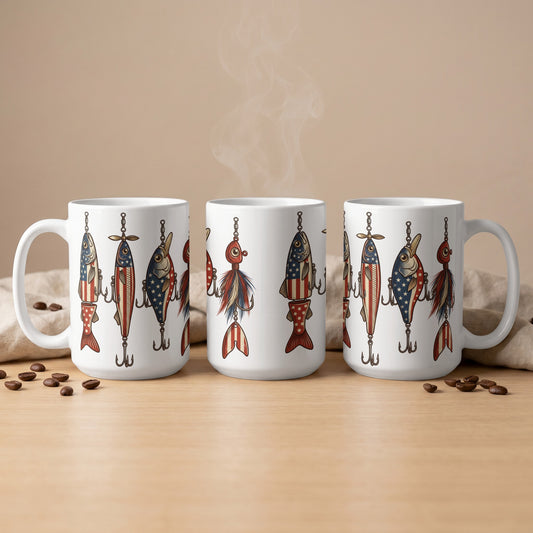 White mugs with American flag fishing lure designs and rising steam.