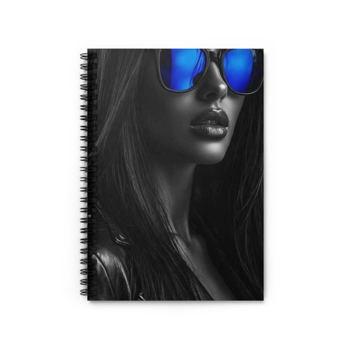 Woman wearing sunglasses and black leather jacket, close-up portrait on a spiral notebook.