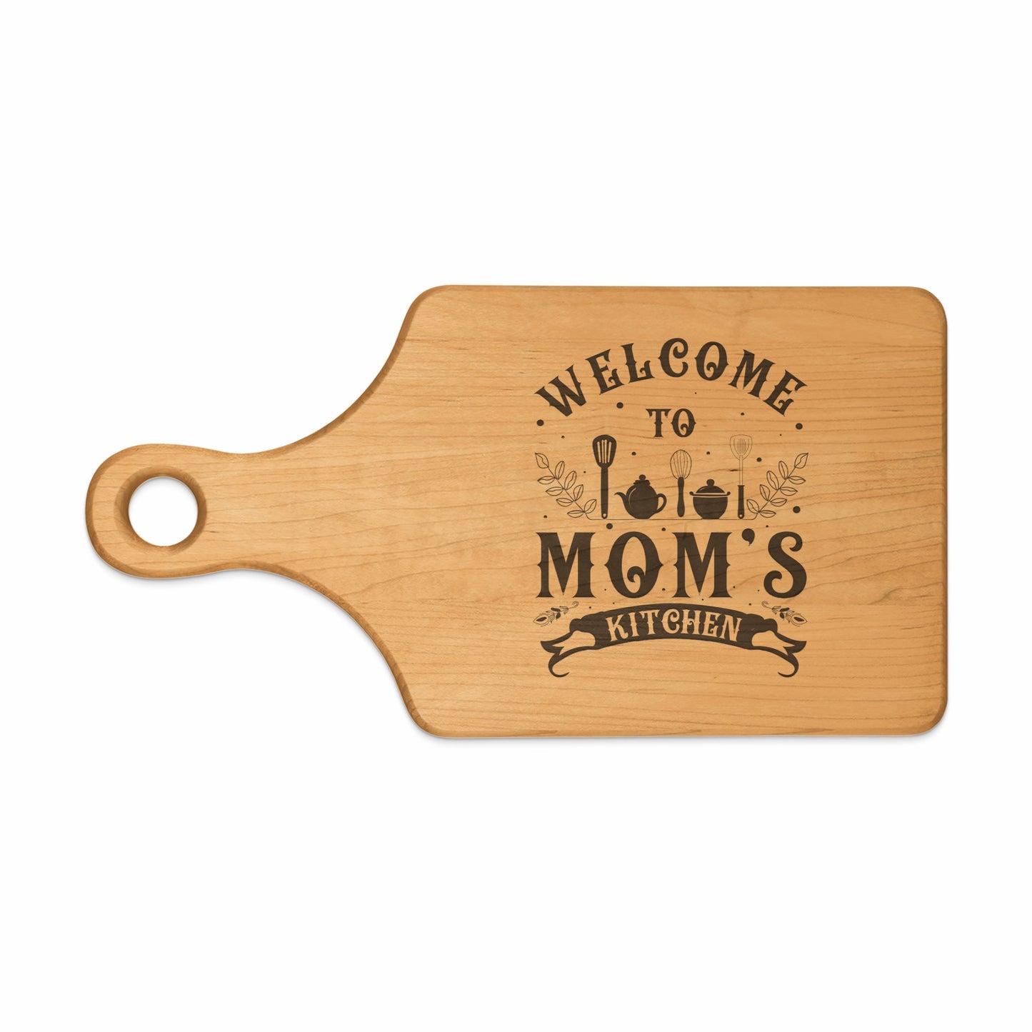 Wooden cutting board with "Welcome to Mom's Kitchen" text and kitchen icons.
