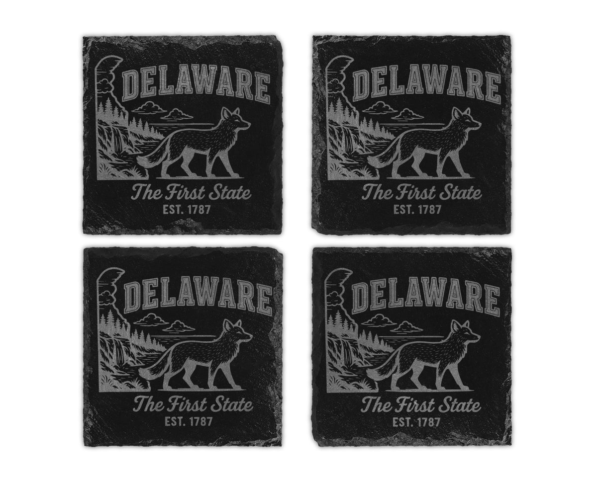 Four slate coasters engraved with "Delaware The First State EST. 1787" and a fox.
