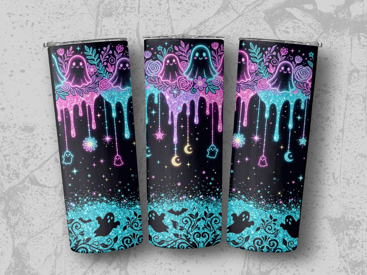 Three tumblers with a black background featuring glowing pastel ghosts, flowers, and dripping effects.