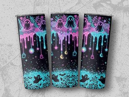 Three tumblers with a black background featuring glowing pastel ghosts, flowers, and dripping effects.