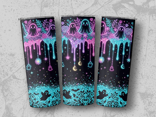 Three tumblers with a black background featuring glowing pastel ghosts, flowers, and dripping effects.