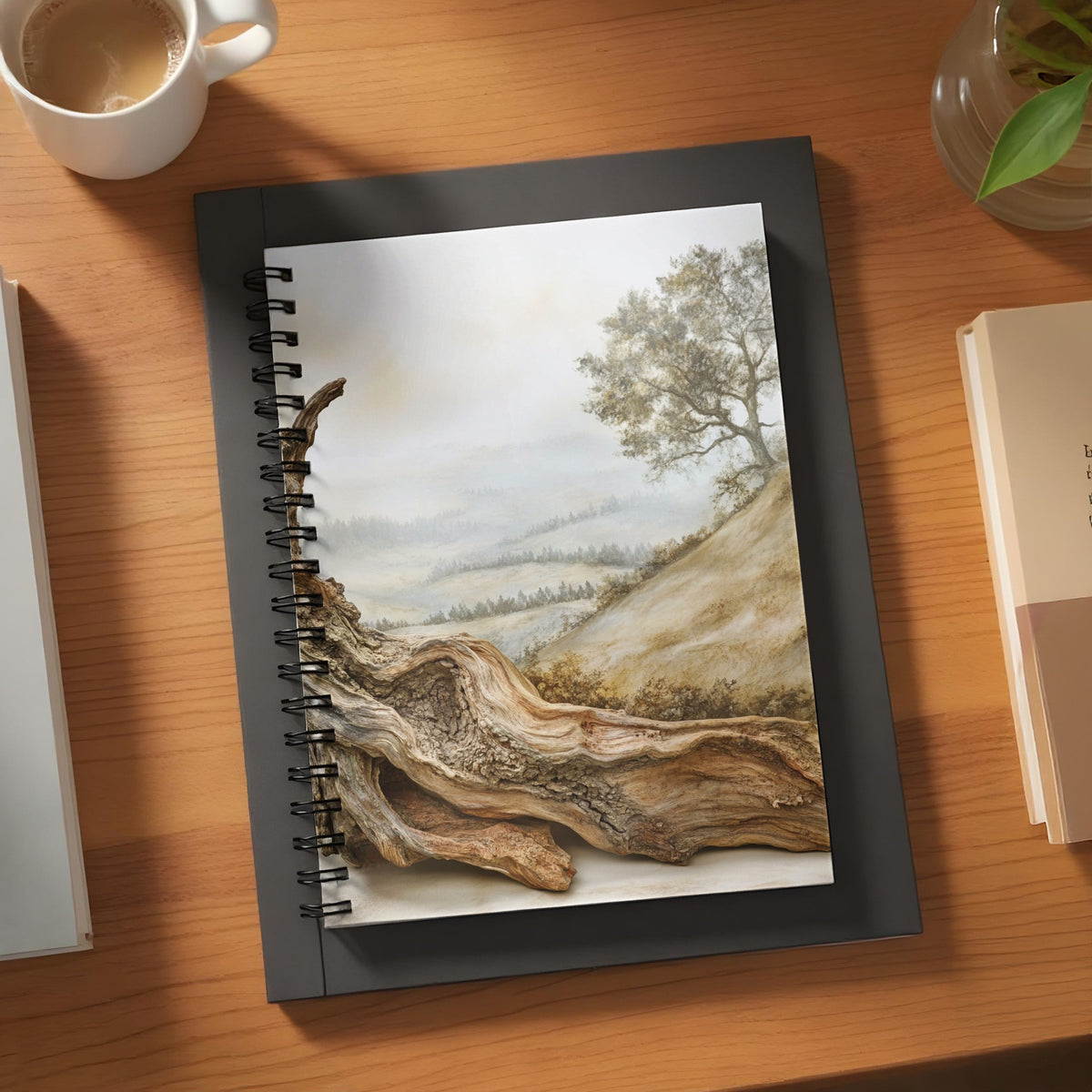 Notebook with a painting of textured driftwood against a misty landscape and a tree.