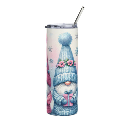 Tumbler with watercolor gnomes in winter hats and sweaters, holding gifts.