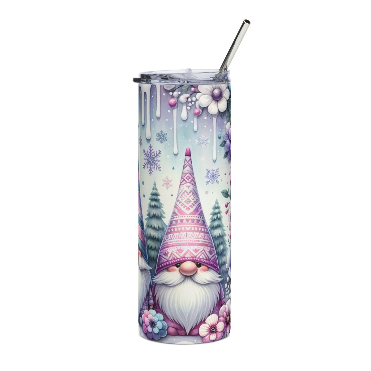 Tumbler with gnomes, snowflakes, trees, and flowers, featuring a silver straw.