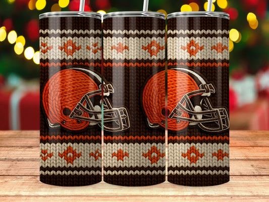 Browns helmet pattern on a tumbler with a knitted holiday background.