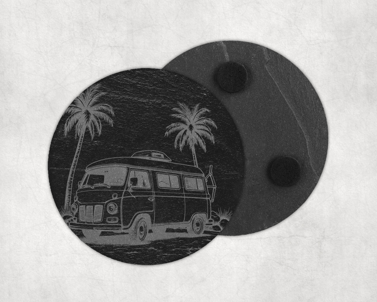 Engraved slate coaster with camper van and palm tree design, two coasters shown.