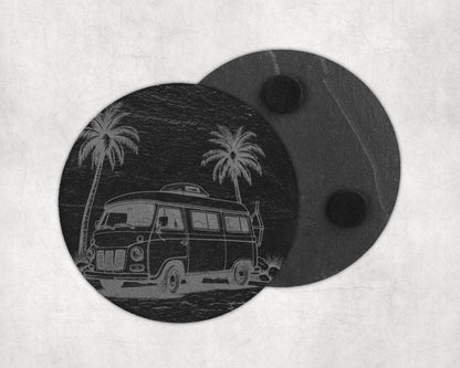 Engraved slate coaster with camper van and palm tree design, two coasters shown.