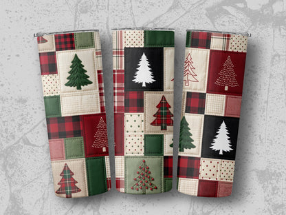 Three tumblers with a patchwork design featuring Christmas trees and plaid patterns.