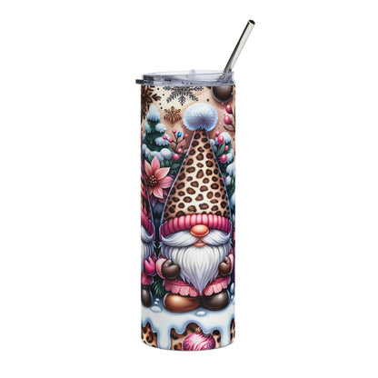 Tumbler with holiday gnomes, trees, snowflakes, and leopard print accents.