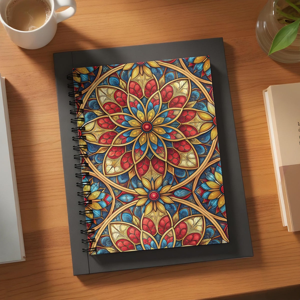 Spiral-bound journal with a stained-glass floral pattern in red, blue, and gold.
