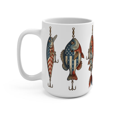 White mug with three fishing lures decorated with American flag patterns.