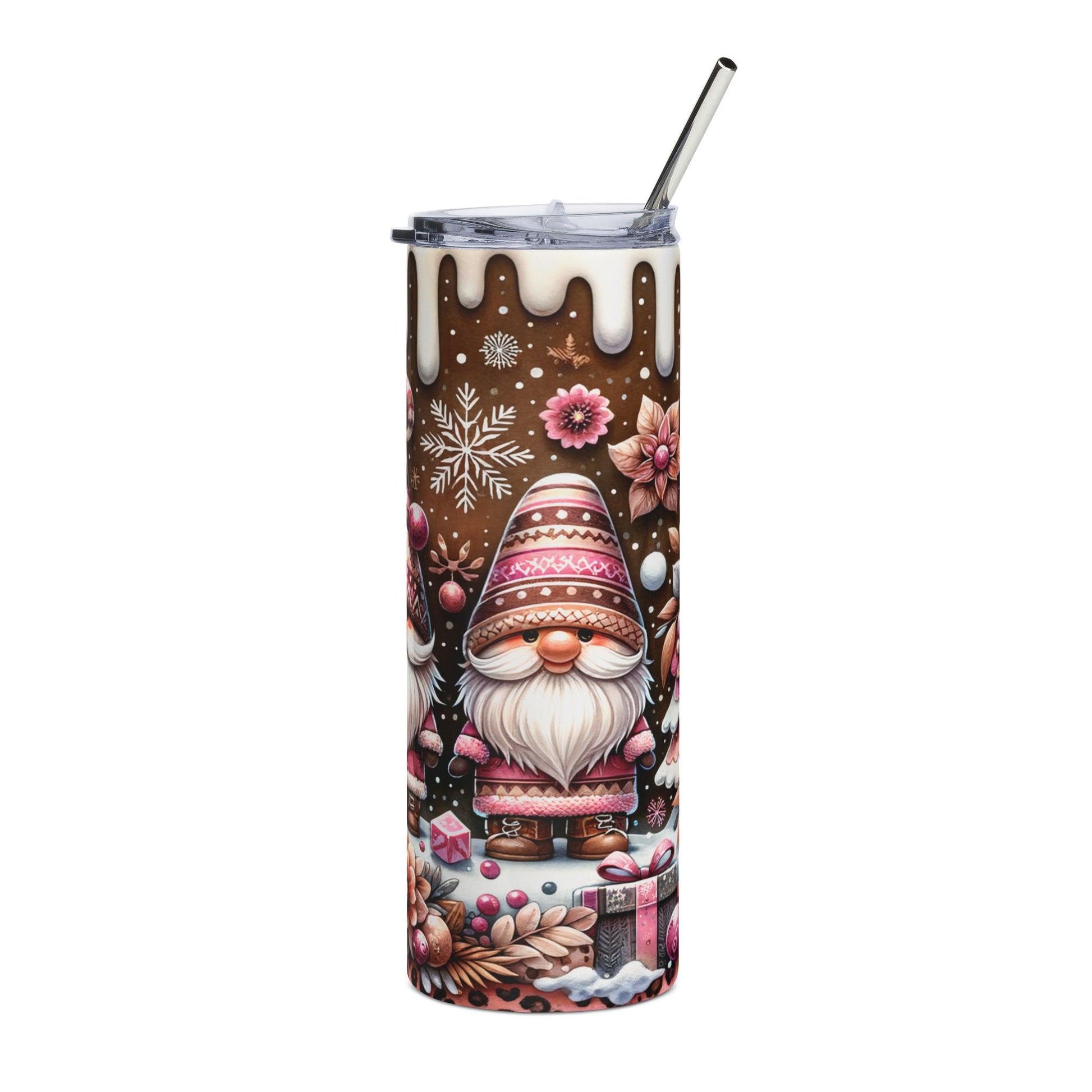 Tumbler with a brown background featuring snow, snowflakes, flowers, and gnomes.