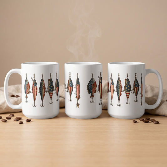 Three white mugs with American flag fish lure designs and steaming tops.
