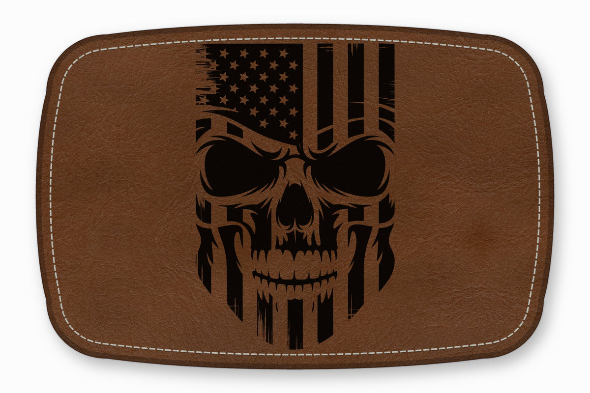 Brown leather patch featuring a black laser-engraved design of a skull blended with the American flag.