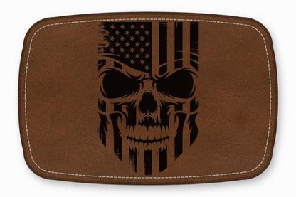 Brown leather patch featuring a black laser-engraved design of a skull blended with the American flag.