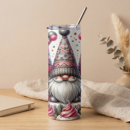 Tumbler with a watercolor gnome design and a stainless steel straw.