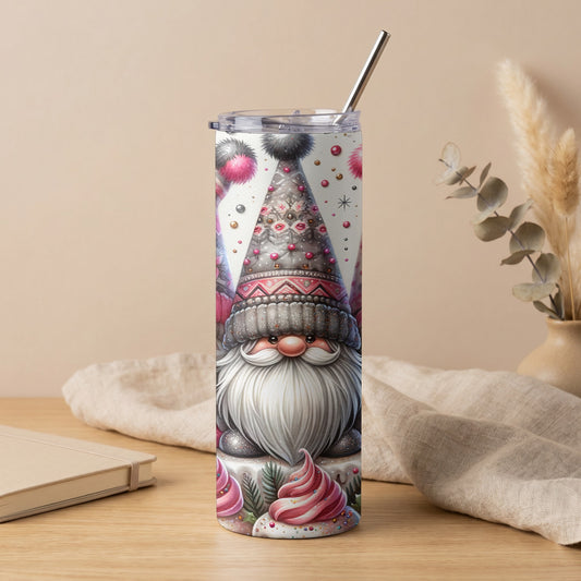 Tumbler with a watercolor gnome design and a stainless steel straw.