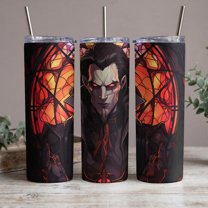 Three tumblers featuring a dark, anime-style vampire character with red eyes and stained glass background.