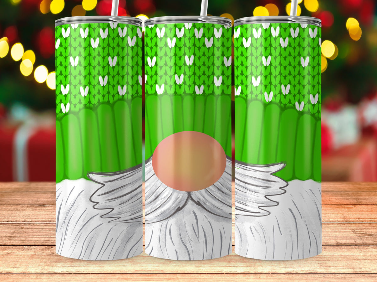 Three tumblers featuring a green knitted pattern and gnome faces with white beards.