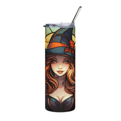 Tumbler with a stained-glass style illustration of a witch and a straw.