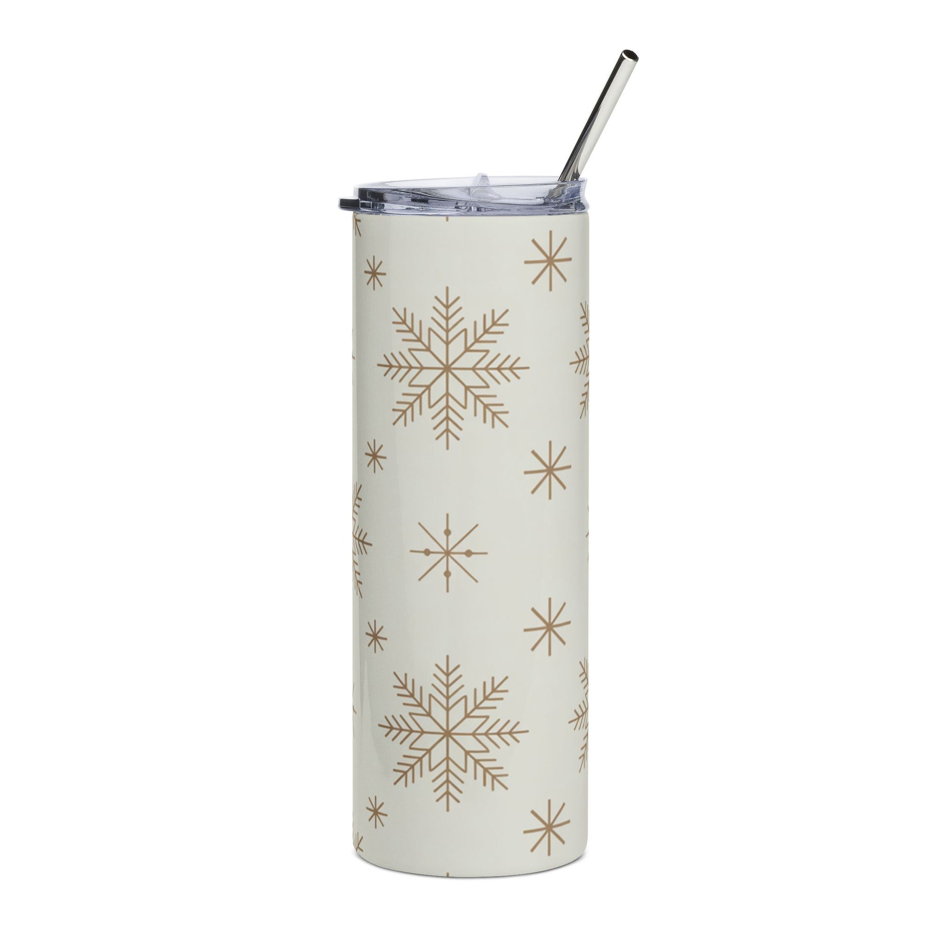 Cream tumbler with gold snowflakes and a silver straw.