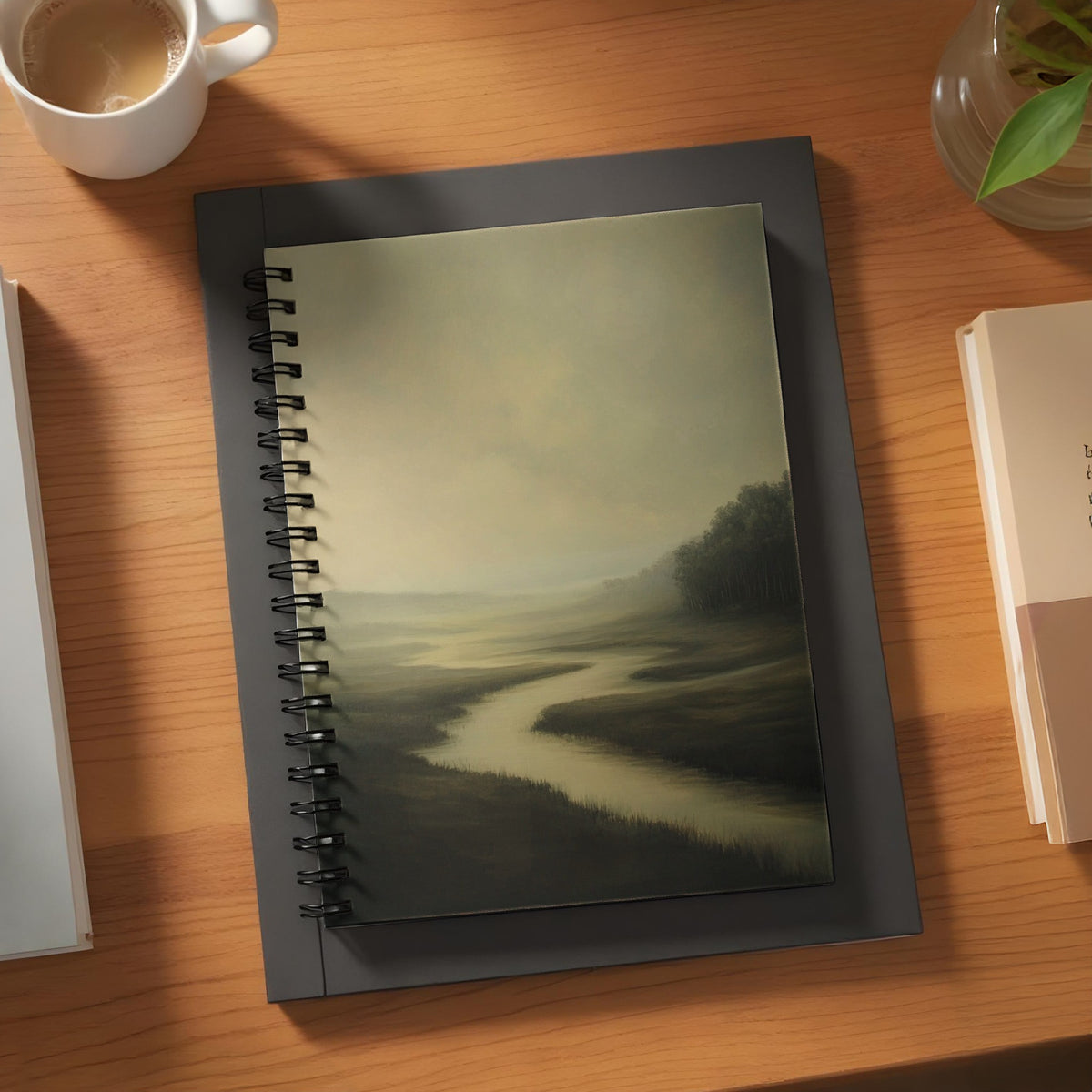 Spiral notebook with a serene landscape painting of a river flowing through misty fields and trees.