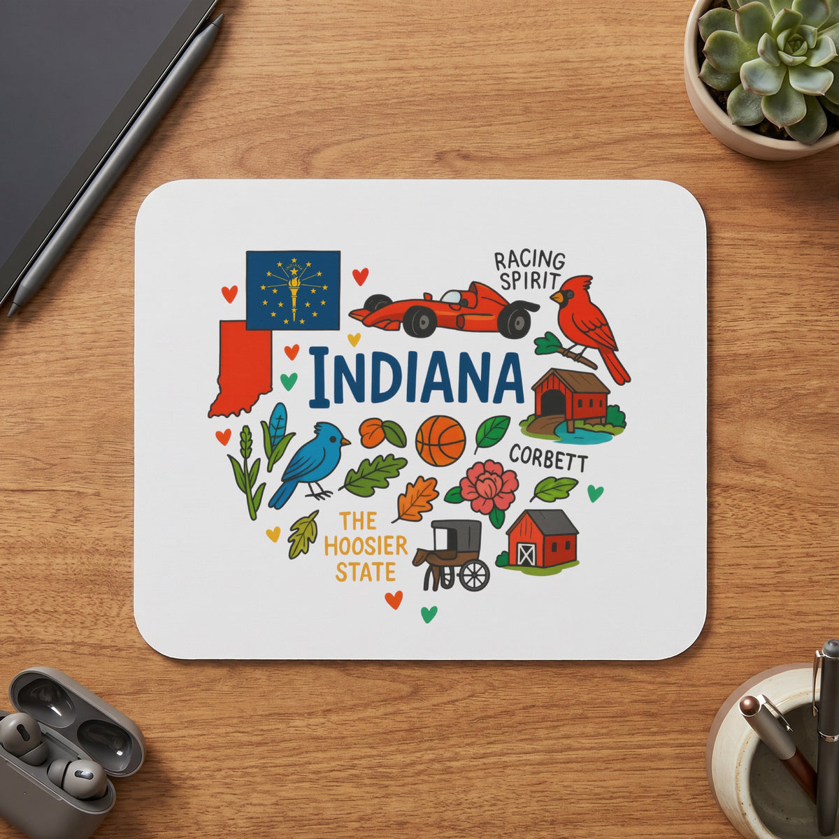 Indiana map with state symbols, racing car, cardinal, barns, and text "INDIANA THE HOOSIER STATE".