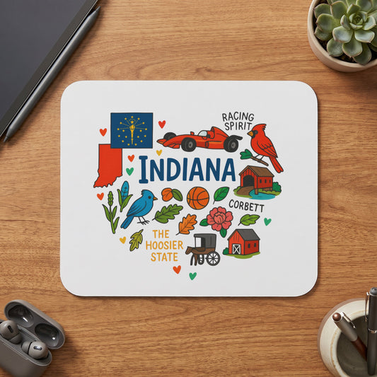 Indiana map with state symbols, racing car, cardinal, barns, and text "INDIANA THE HOOSIER STATE".