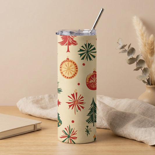 Cream tumbler with a vintage Christmas pattern of trees and ornaments.