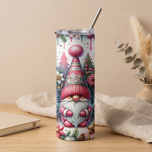 Tall tumbler with a Christmas gnome and festive scene.