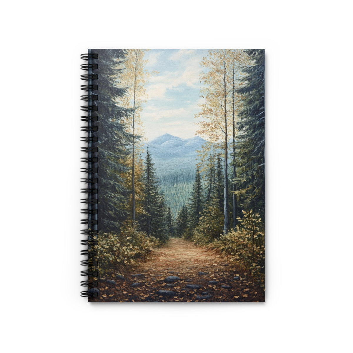Spiral bound notebook with a landscape painting of a forest path leading to mountains.
