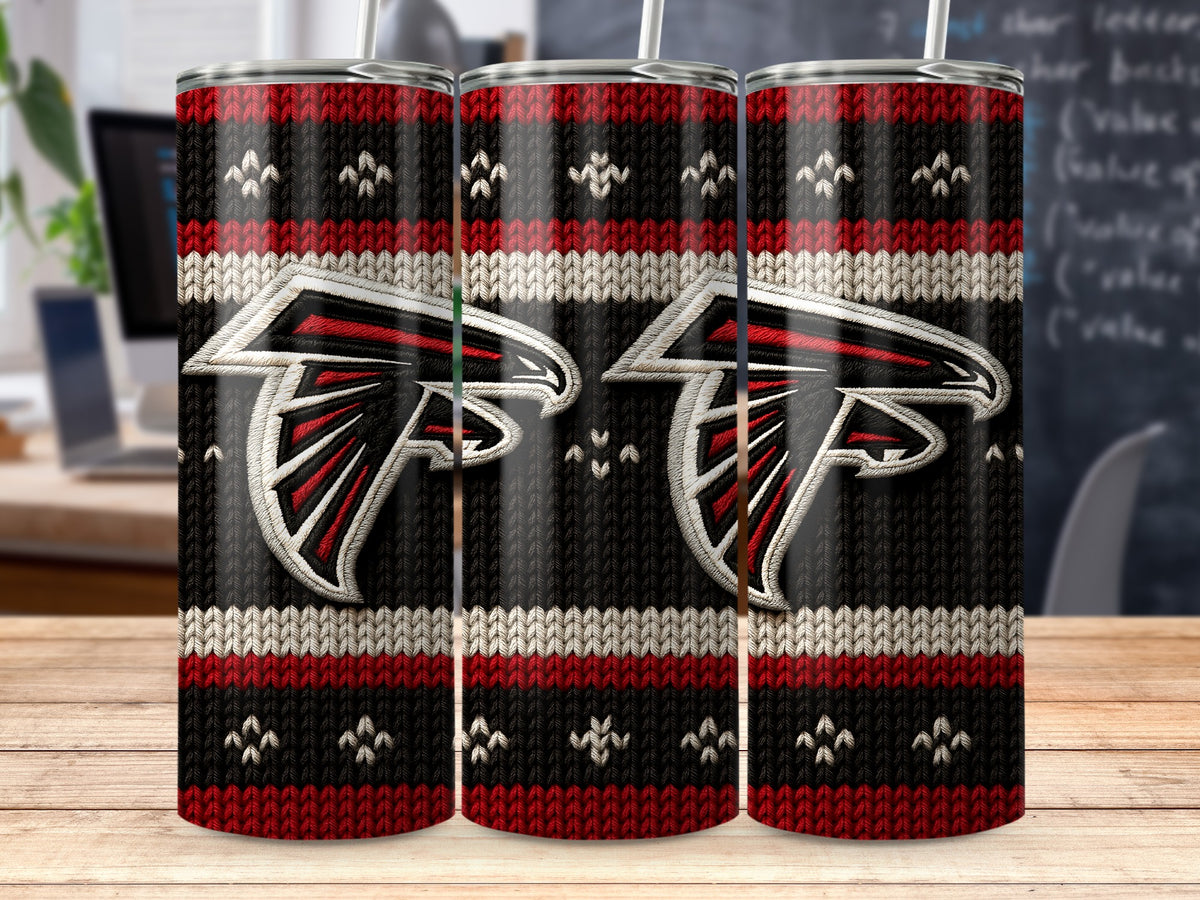 Three tumblers with Atlanta Falcons logo on a knit pattern.