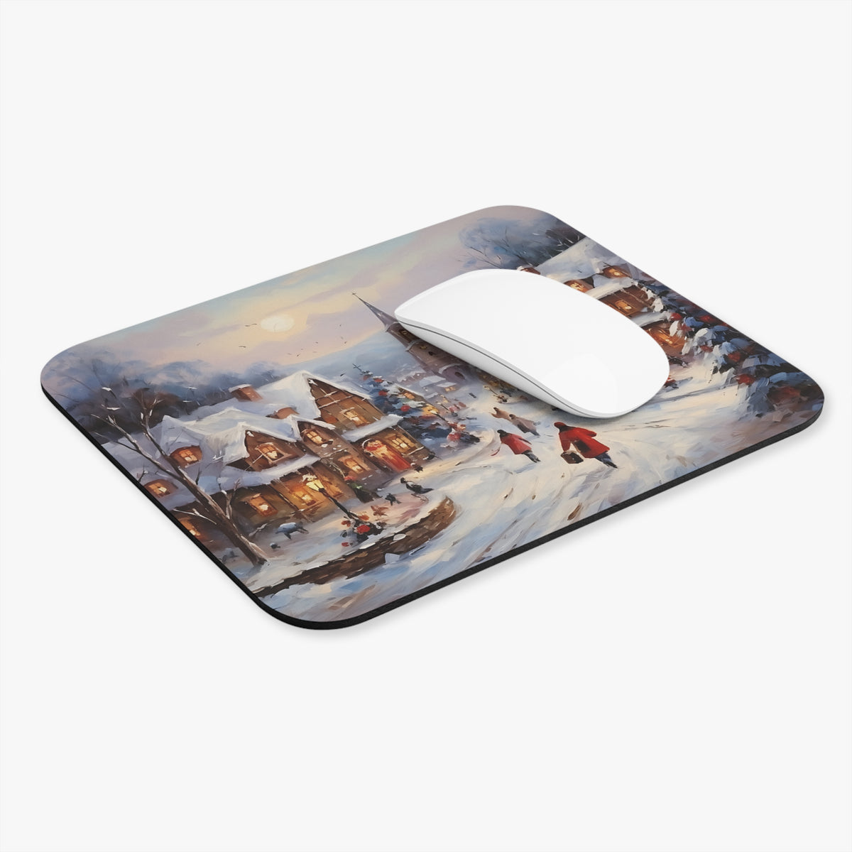 Mousepad with a snowy village scene, people in red coats, and a white mouse.