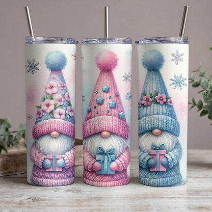 Three watercolor gnomes with colorful hats and gifts, surrounded by snowflakes.