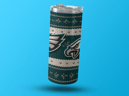 Philadelphia Eagles tumbler with knit pattern and team logos.