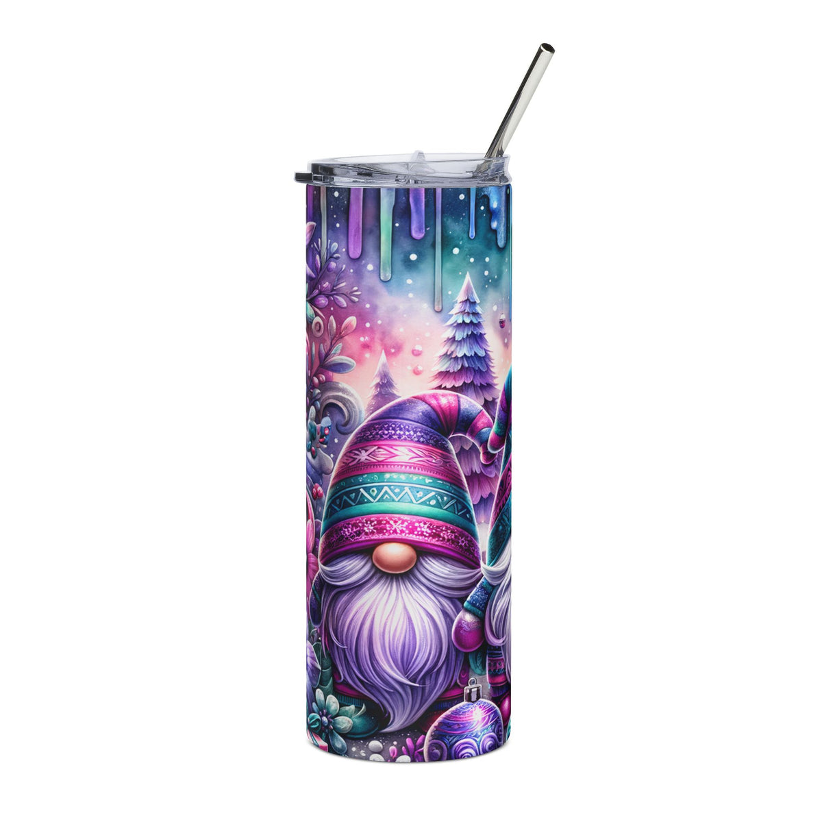 Tumbler with colorful gnome and winter forest design, featuring a straw.