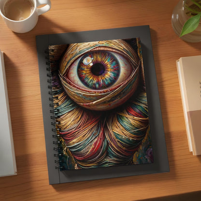Spiral bound notebook with colorful, textured eye design on cover.