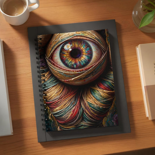 Spiral bound notebook with colorful, textured eye design on cover.